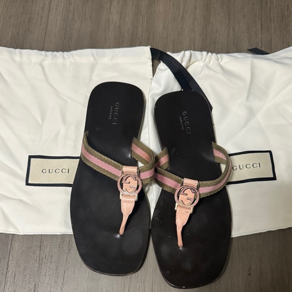 Gucci Shoes - Gucci Pink & Green Web Leather Thong Sandals with GG Size 7.5